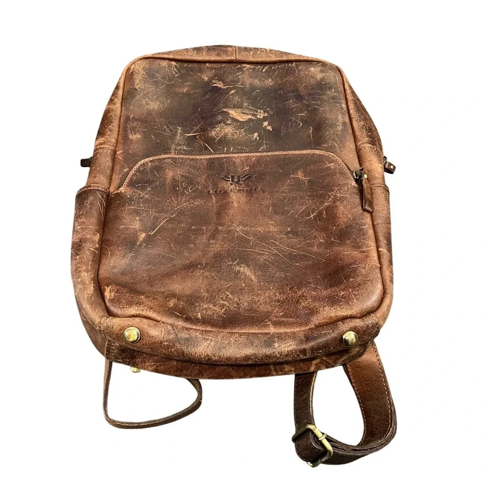 Luxoria Leather Backpack Mens Medium Brown Distressed Laptop Bag Travel Rustic